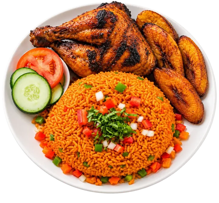 Party Jollof with grilled chicken and fried plantain